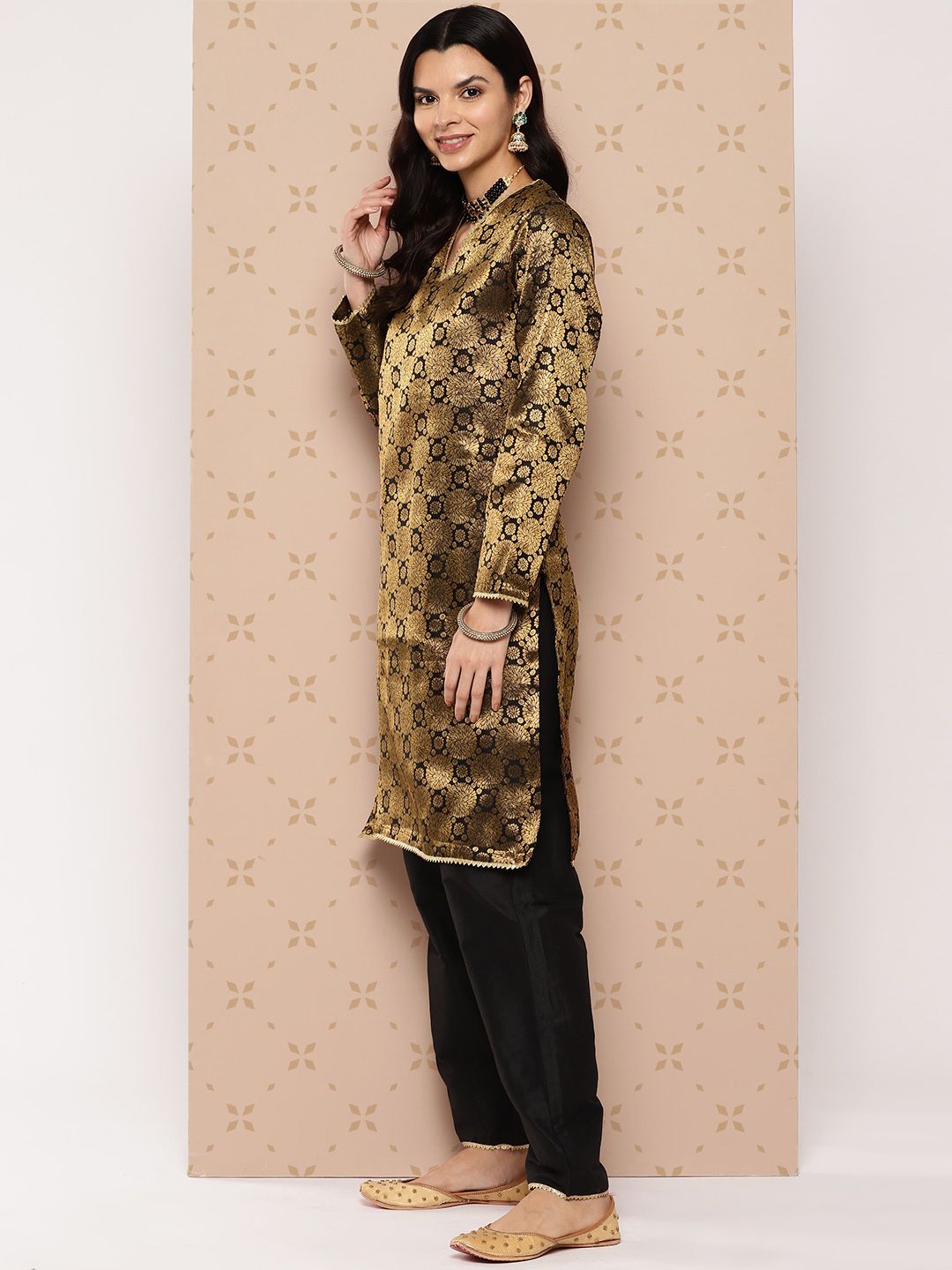 Indyancart SN Women's Zari Woven Gotta Patti Detailed Brocade Kurta with Trousers