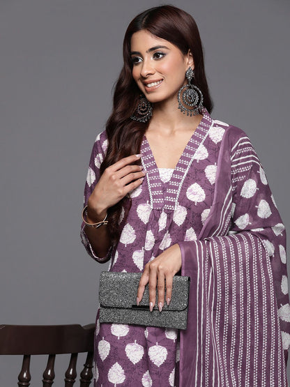 Indyancart VA Women'sFloral Printed Sequinned Pure Cotton Kurta with Trousers & Dupatta