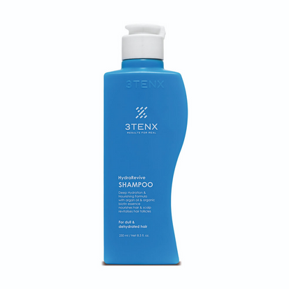 3TENX Hydrarevive shampoo bottle for dull and dehydrated hair, featuring hydrating formula and sleek packaging design.