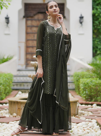 Indyancart IE Ethnic Motifs Embroidered Sequinned Kurta With Sharara & Dupatta