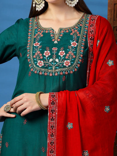 Indyancart SN Women's Floral Embroidered Sequinned Straight Kurta with Trouser & Dupatta