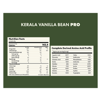 Cosmix no nonsense Plant Protein Pro Kerala Vanilla Bean health drink with vanilla bean flavor and plant-based protein in a glass.