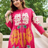 Indyancart IE Floral Printed Mandarin Collar Pleated Pure Cotton A-Line Kurta With Trousers