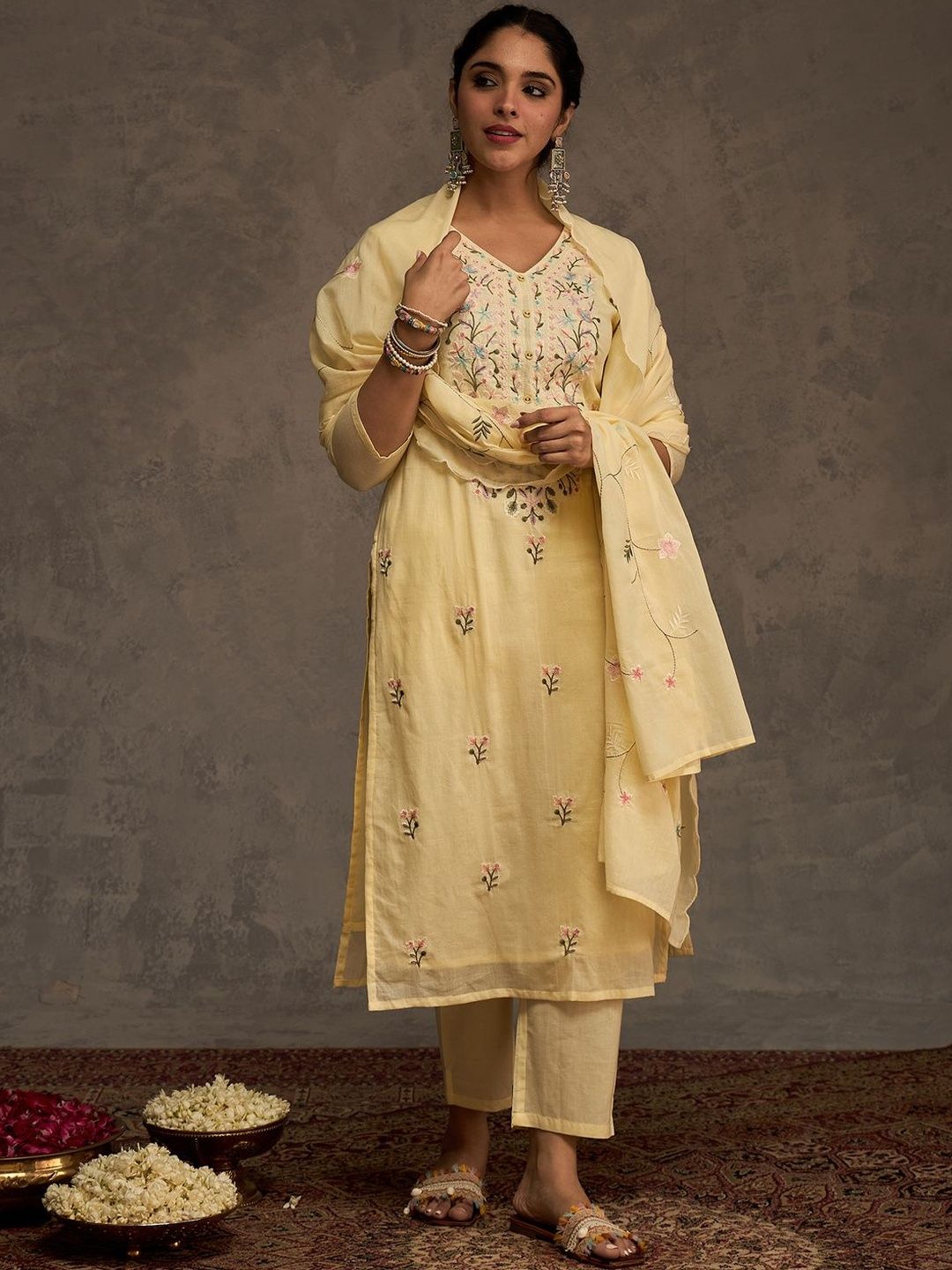 Women Floral Embroidered Pure Cotton Kurta with Trousers & Dupatta