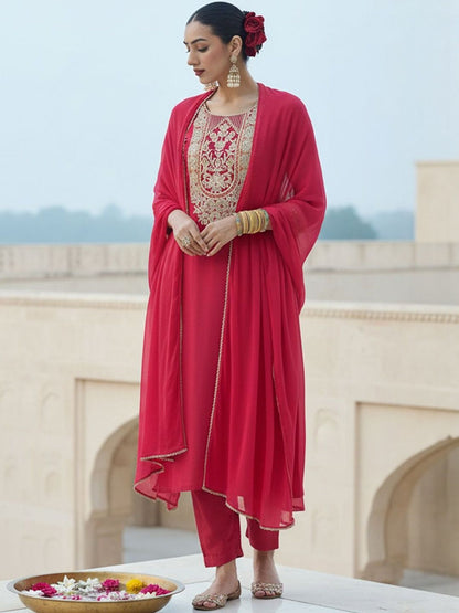Ethnic Motifs Embroidered Thread Work Kurta With Trousers & Dupatta