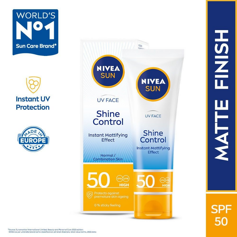 Nivea Sun Shine Control SPF 50 sunscreen bottle with ultra matte finish, no white cast, and instant UV protection.