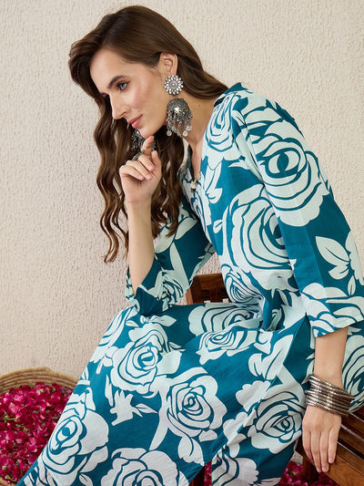 Indyancart IE Floral Printed Pure Cotton Spread Collar Tunic With Trousers Co-Ords