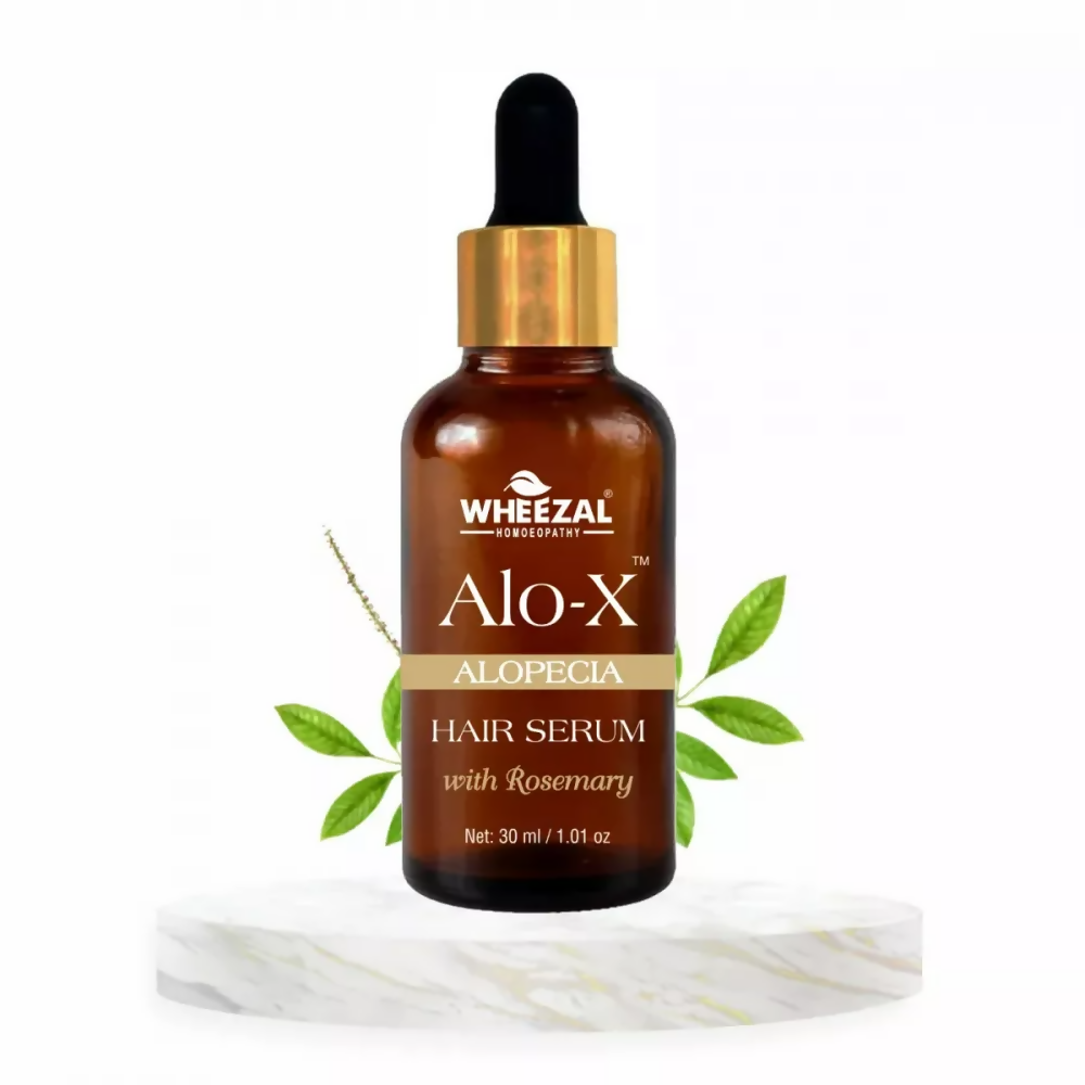 Wheezal Alo-X Alopecia Hair Serum bottle with applicator, designed to promote hair growth and reduce hair loss.
