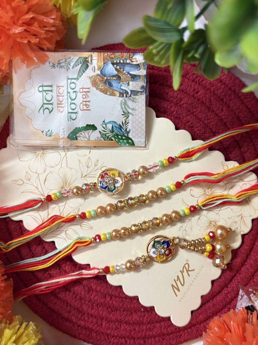 Anouk Set Of 4 Artificial Beads Family Pack Thread Rakhi With Roli Chawal Chandan Mishri