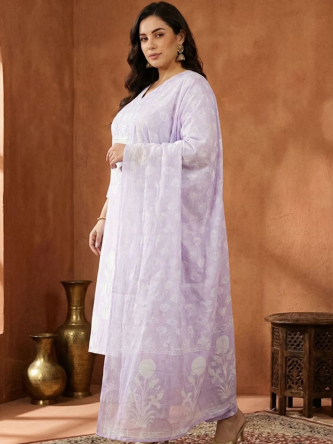 Indyancart Women's Floral Printed Regular Pure Cotton Kurta with Trousers & With Dupatta