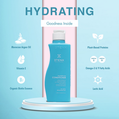 3TENX Hydrarevive conditioner for dull, dehydrated hair showing a sleek bottle with hydrating ingredients on a white background.