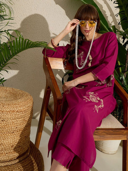 Indyancart IE Embroidered Round Neck Straight Pure Cotton Kurta & Trousers