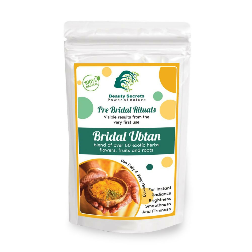 Beauty Secrets Ayurvedic bridal ubtan powder face mask in a bowl, showing its natural herbal texture and golden color.