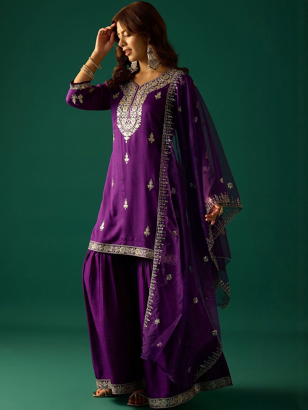 Indyancart VA Ethnic Motifs Embroidered Zari Kurta With Sharara & Dupatta