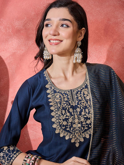 Indyancart SN Women's Floral Embroidered Kurta with Trousers & Dupatta