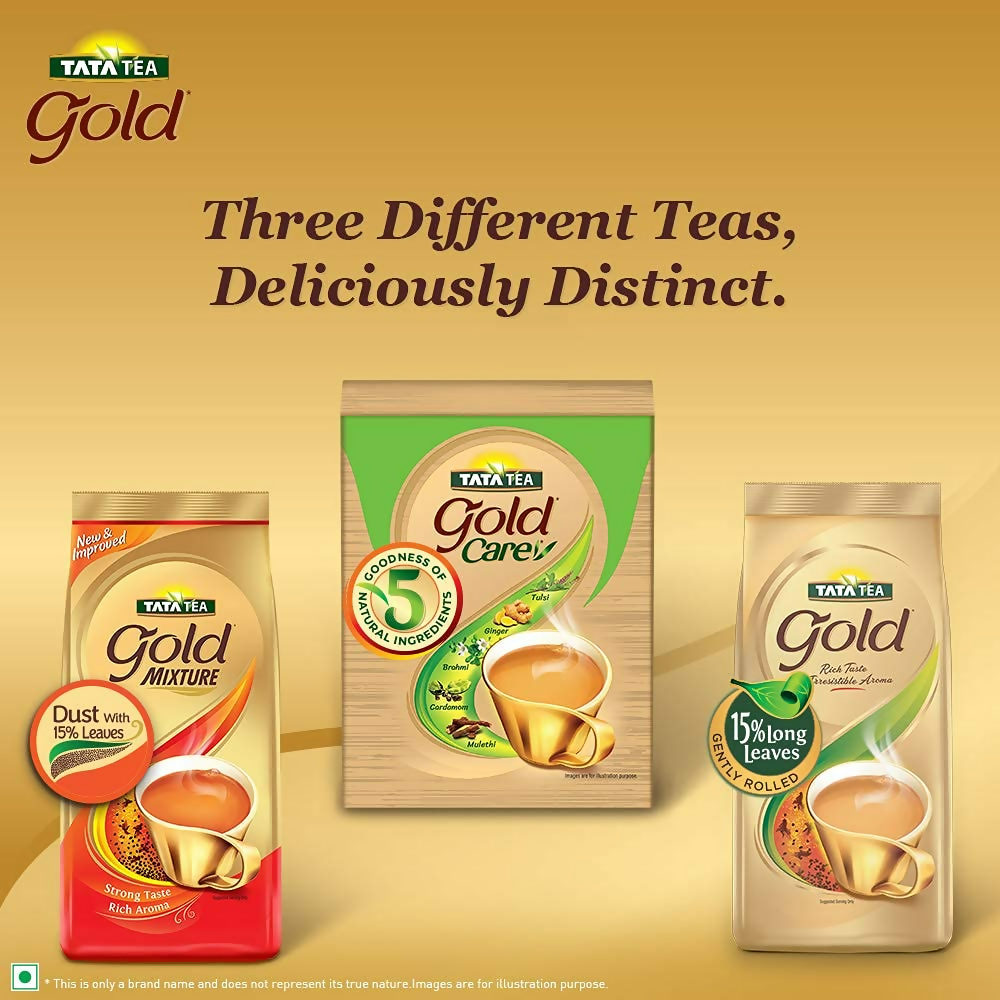 Tata Tea Gold Care tea powder in a jar with tea leaves and a steaming cup of brewed tea, showcasing the Tata brand and rich tea aroma.