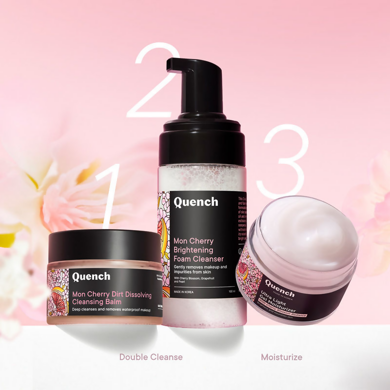 Quench Ultra Light Gel Moisturizer with cherry blossom and niacinamide, showing the creamy texture in a clear jar.