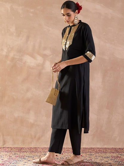 Embroidered Sequinned Straight Kurta With Trousers