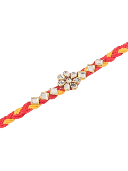 Anouk Men Set Of 3 Red & Yellow Kundan Studded Floral Design Thread Rakhi With Roli Chawal
