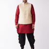 Men's Maroon Silk Blend Straight Jacket  Kurta and Dhoti Set