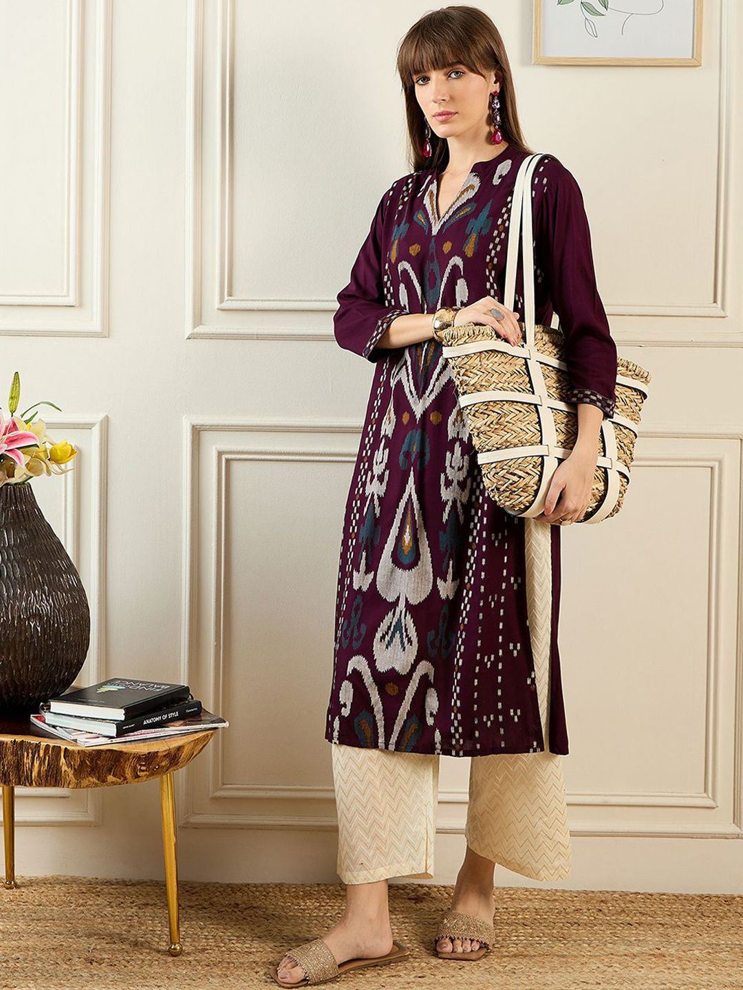 Indyancart IE Ethnic Motifs Printed Mandarin Collar Straight Kurta