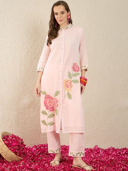 Dhiyona IE Printed Shirt Collar Three-Quarter Sleeves Pure Cotton Top With Trousers