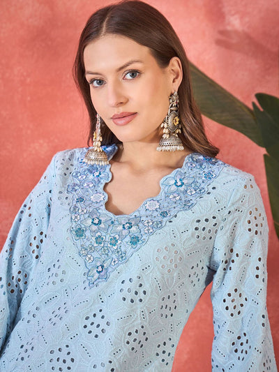 Indyancart SN Women's Floral Schiffli Embroidered Thread Work Pure Cotton Straight Kurta With Trousers