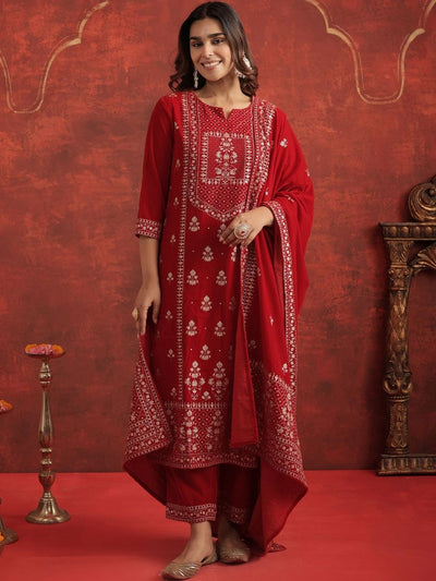 Indyancart IE Women Ethnic Motifs Embroidered Kurta with Trousers & Dupatta