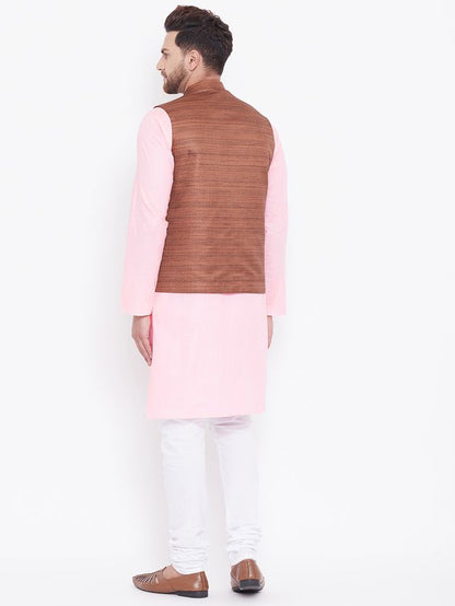 Men's Pink Cotton Blend Straight Jacket  Kurta and Pyjama Set