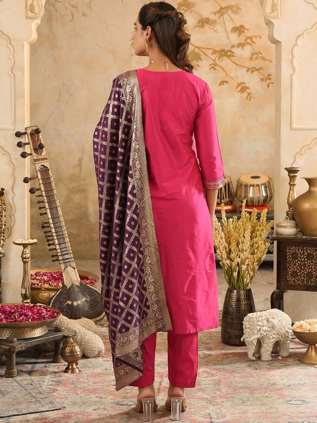 Women Ethnic Motifs Embroidered Regular Kurta with Trousers & Dupatta