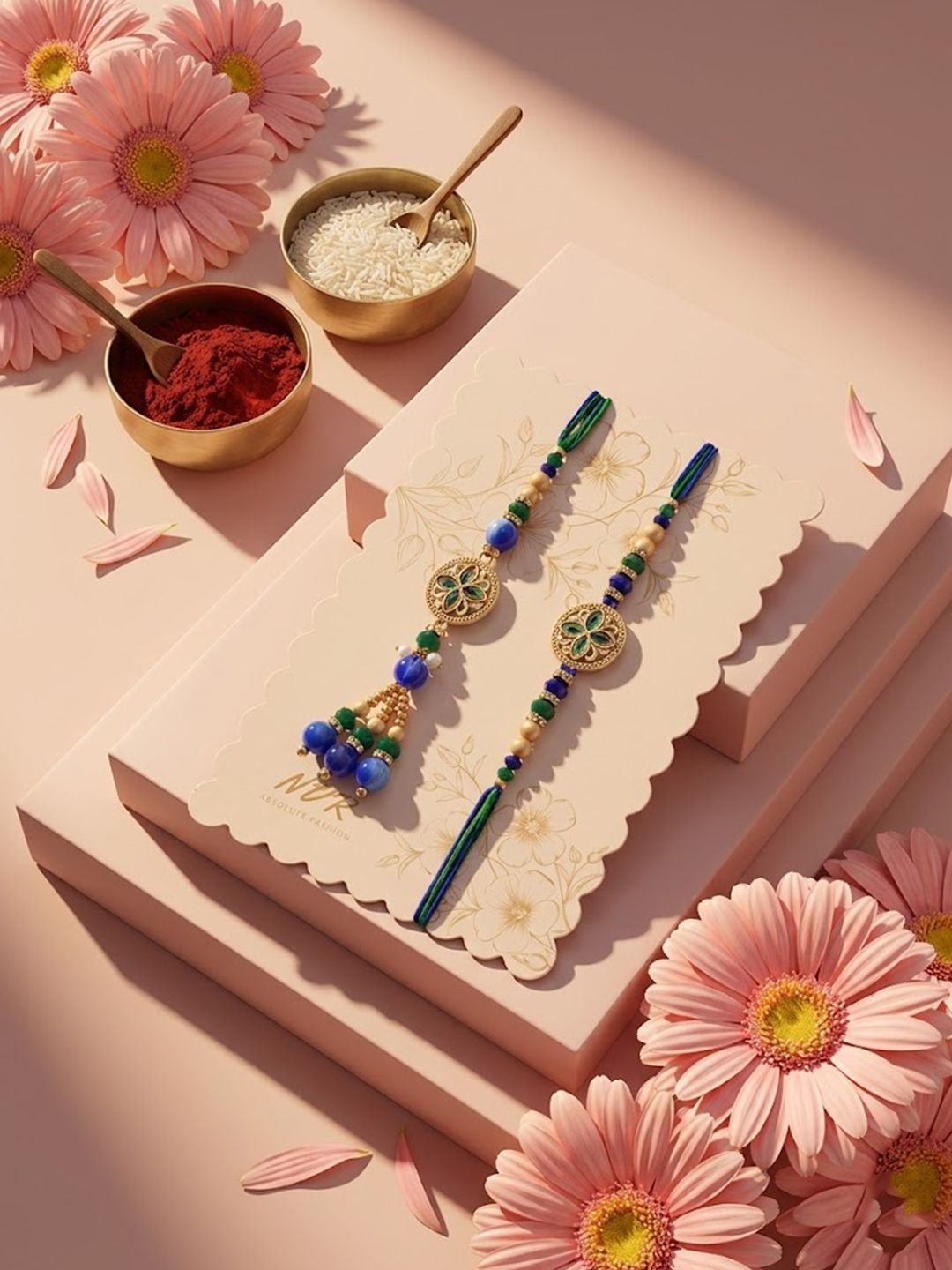 Anouk Set Of 2 Blue Artificial Beads Morpankh Style Bhaiya Bhabhi Rakhi With Roli Chawal