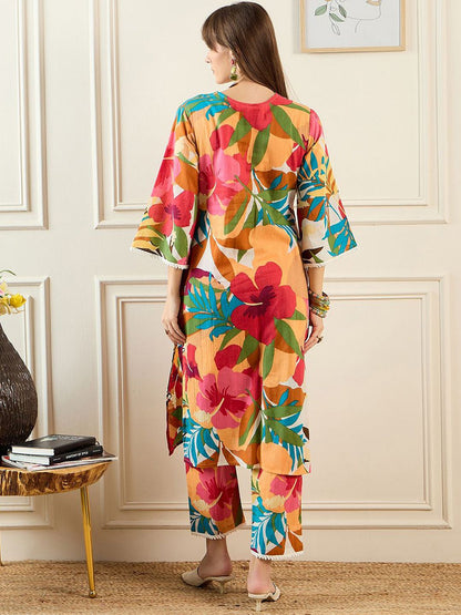 Dhiyona IE Floral Printed V-Neck Pure Cotton Tunic With Trouser