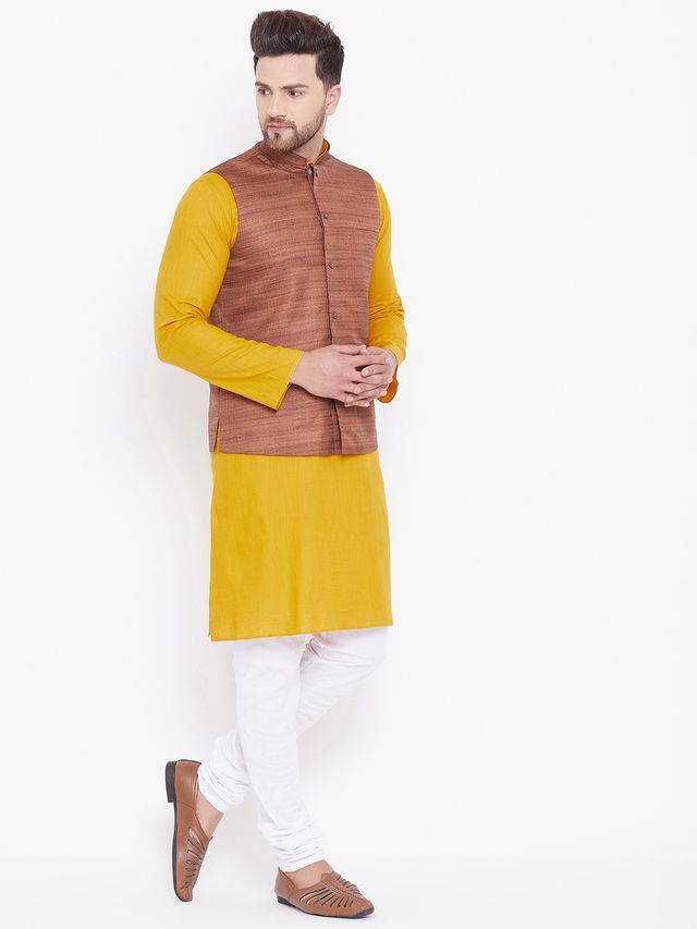 Men's Mustard Cotton Blend Straight Jacket  Kurta and Pyjama Set