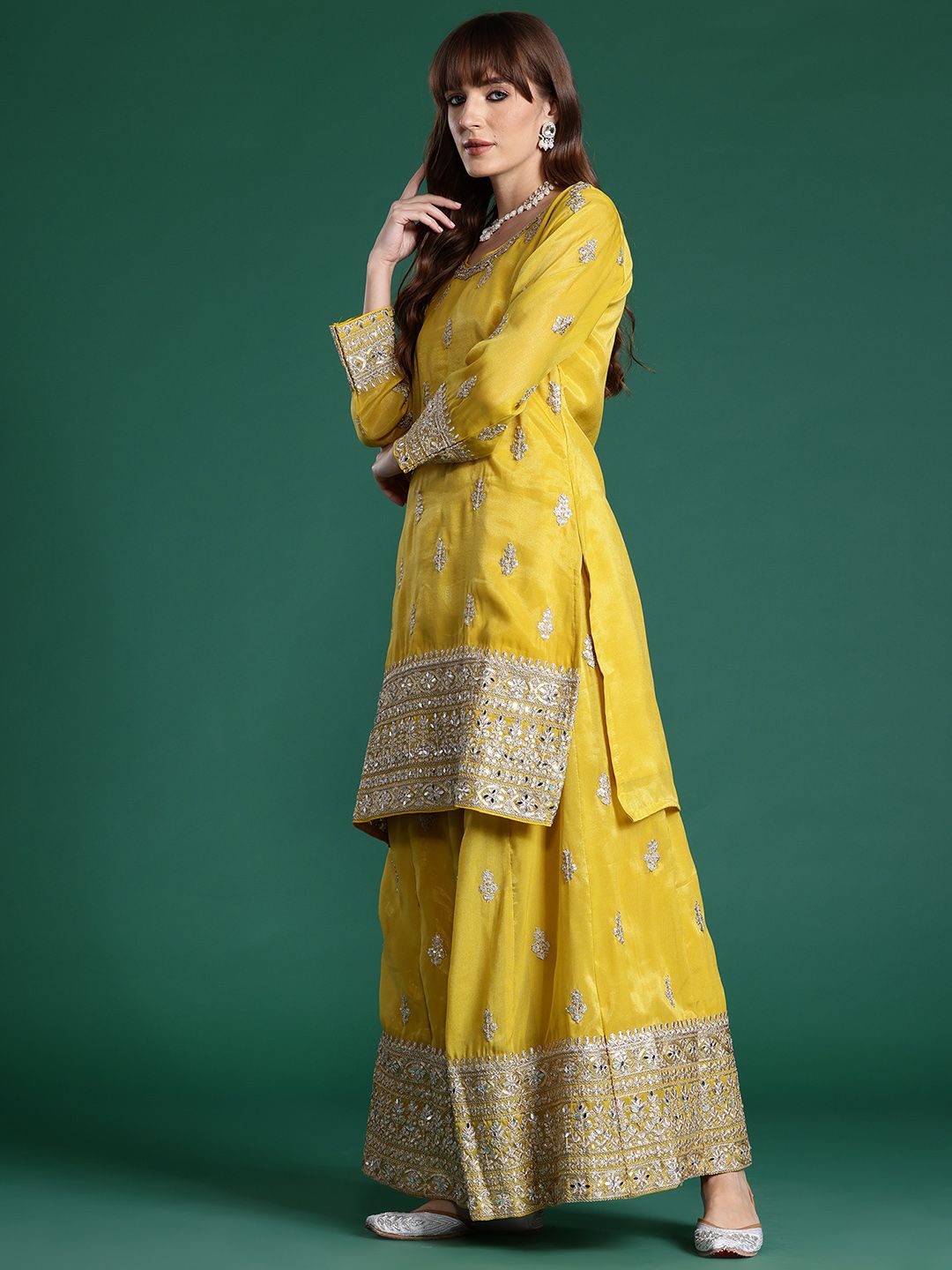 Indyancart IE Ethnic Motifs Embroidered Sequinned Kurta with Palazzos & With Dupatta