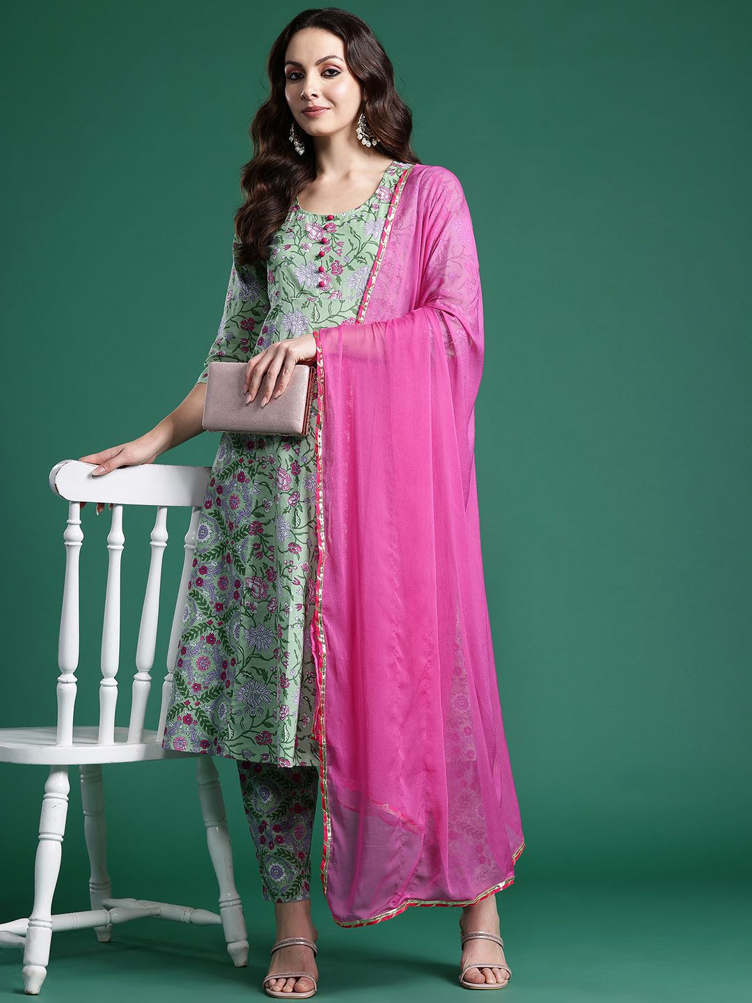 Indyancart IE Floral Printed Regular Pure Cotton Kurta with Trousers & Dupatta
