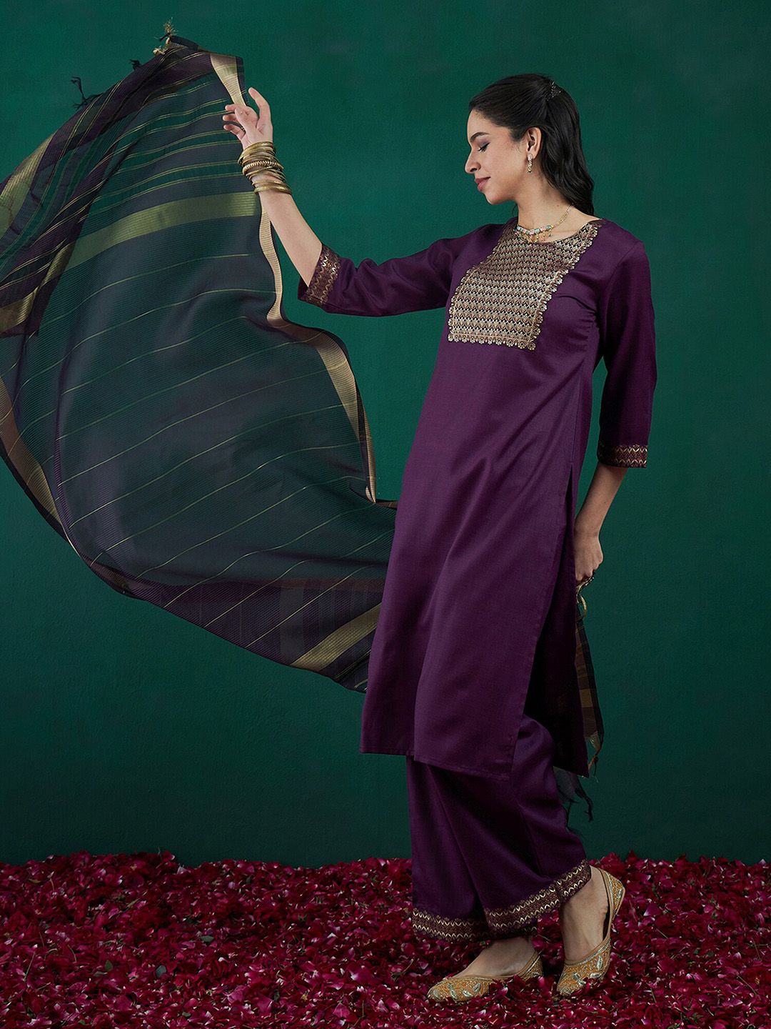 Dhiyona IE Yoke Design Regular Pure Cotton Kurta With Palazzos & Dupatta