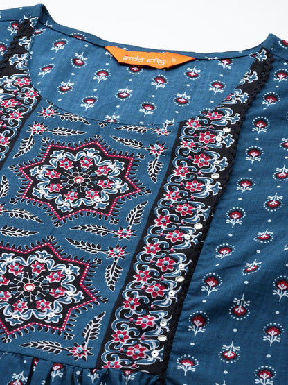 Indyancart IE Ethnic Motifs Printed Mirror Work Pure Cotton Kurta with Trousers & With Dupatta