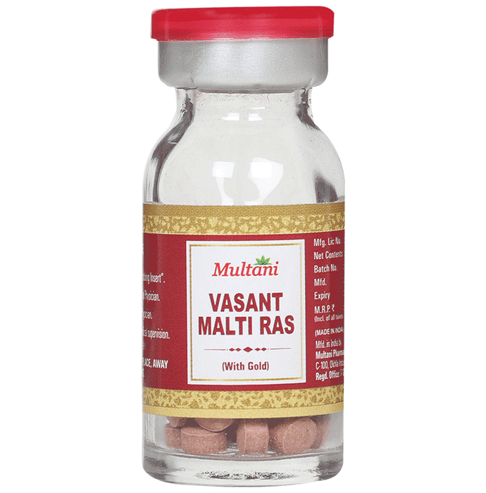 Multani Vasant Malati Ras Ayurvedic tablets with gold tablet for wellness and traditional herbal health support.