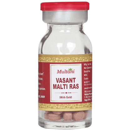 Multani Vasant Malati Ras Ayurvedic tablets with gold tablet for wellness and traditional herbal health support.