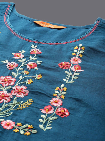Dhiyona IE Floral Embroidered Thread Work Straight Kurta With Trousers & Dupatta