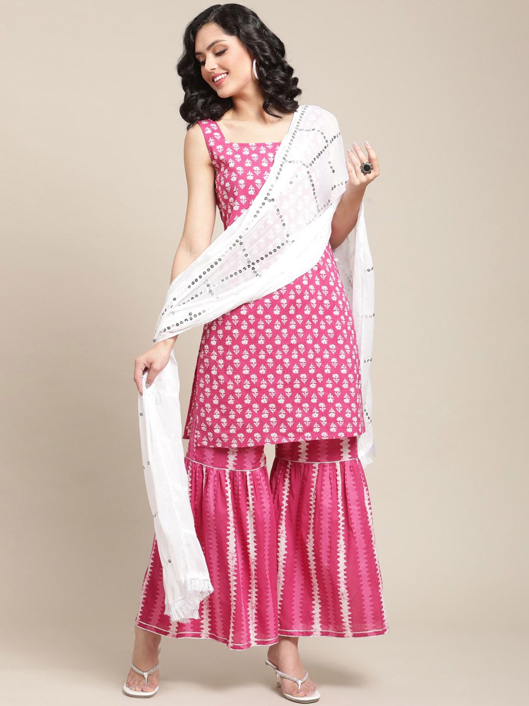 Indyancart VA Women's Pink Floral Printed Sequinned Pure Cotton Kurta with Sharara