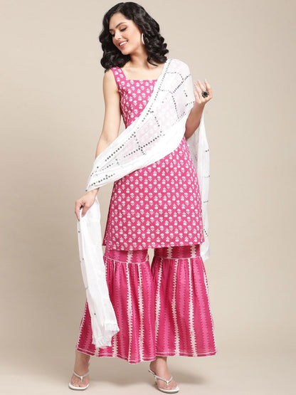 Indyancart VA Women's Pink Floral Printed Sequinned Pure Cotton Kurta with Sharara