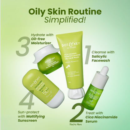 Dot & Key Niacinamide + Cica face serum for oily, acne-prone skin showing the serum bottle with dropper and skincare ingredients.