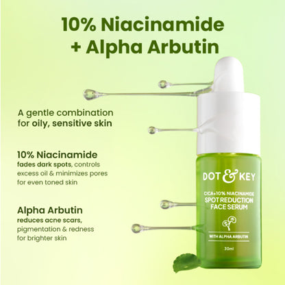 Dot & Key Niacinamide + Cica Face Serum for oily, acne-prone skin with dark spots, featuring a clear serum bottle with dropper.
