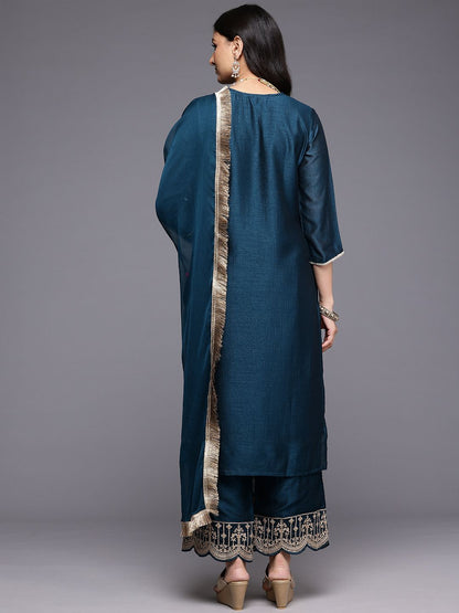 Indyancart VA Ethnic Motifs Embroidered Zari Kurta With Palazzos & Dupatta