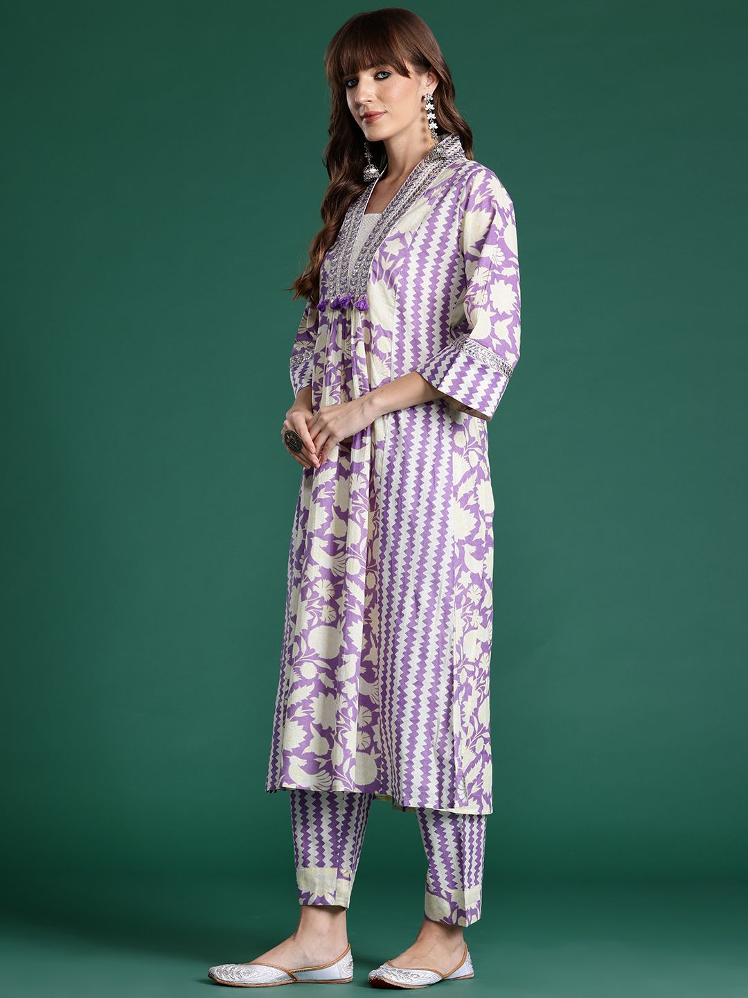 Indyancart IE Floral Printed Panelled Mirror Work Pure Cotton Kurta With Trousers & Dupatta