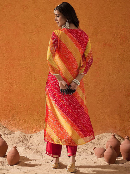 Indyancart IE Red Bandhani Printed Thread Work Georgette Straight Kurta