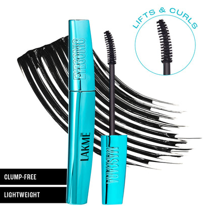 Lakme 9 To 5 Eyeconic Curling Mascara in black, smudge-proof and waterproof, with long-lasting 24-hour wear, visible wand and brush.