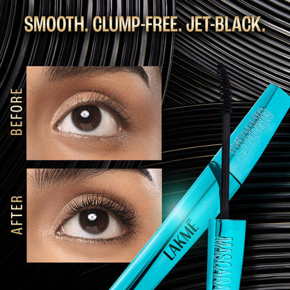 Lakme 9 To 5 Eyeconic Curling Mascara in black showing the mascara wand and brush with curled, smudge-proof lashes