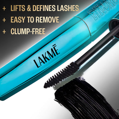Lakme 9 To 5 Eyeconic Curling Mascara in black, waterproof and smudgeproof, showing a tube with a wand applicator and curled lashes.